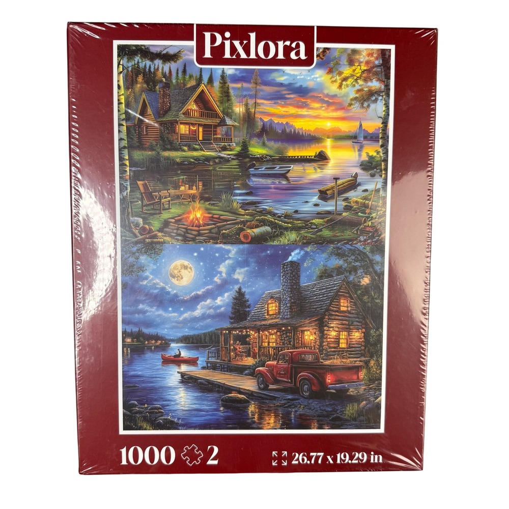 Pixlora Scenery Series 1000 Piece Jigsaw Puzzles 2 Pack Lake and Night Cabin